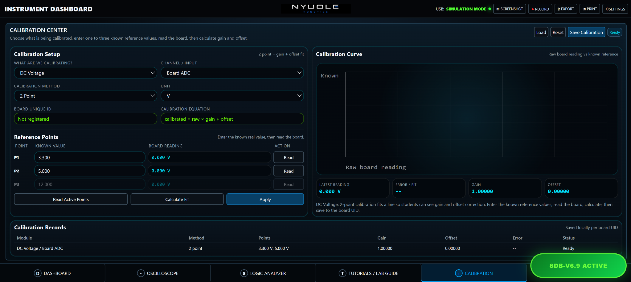 NYUOLE calibration software screen